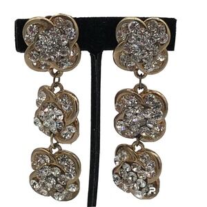 Vintage Crystal Statement Dangle Earrings Flower Rhinestone Gold Tone Clip On